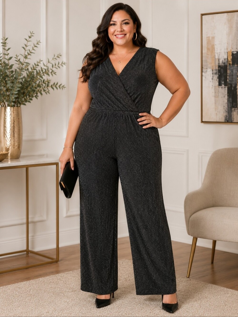 Plus Size Black Shimmer Jumpsuit - Elegant Evening Wear